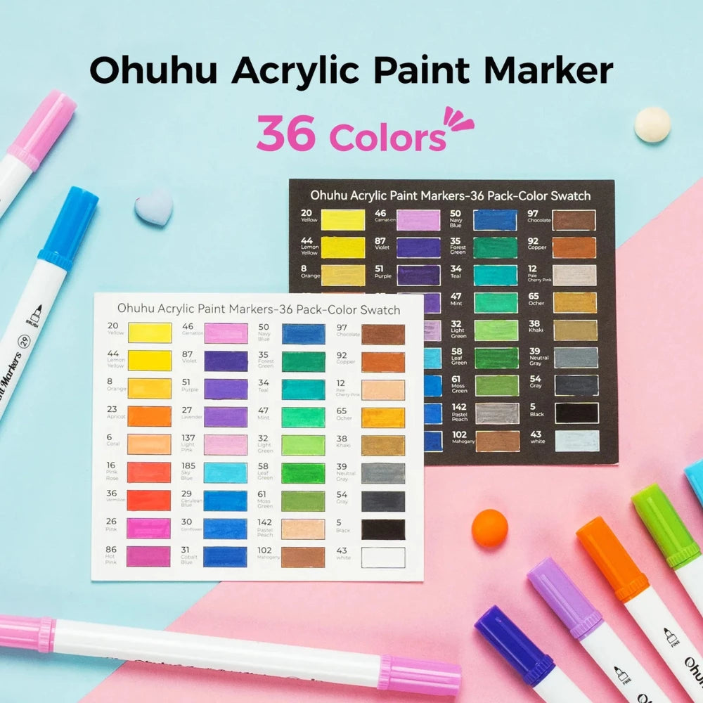 Ohuhu Acrylic Paint Markers 36 Colours, Brush & Fine Tips - Glowish