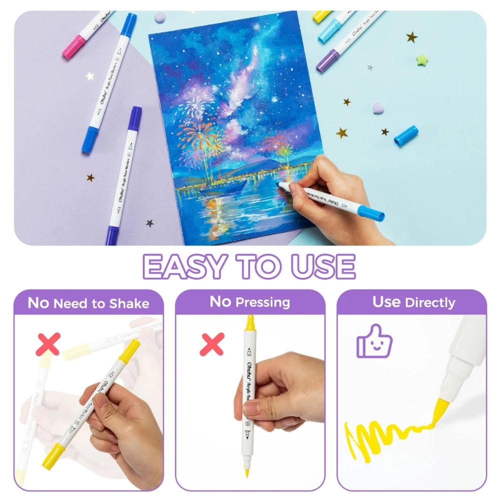 Ohuhu Acrylic Paint Markers 36 Colours, Brush & Fine Tips - Glowish