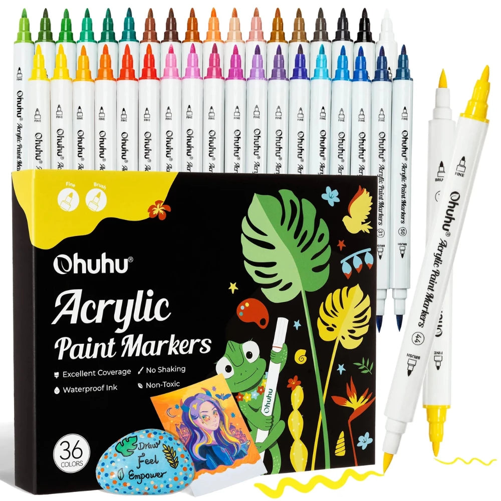 Ohuhu Acrylic Paint Markers 36 Colours, Brush & Fine Tips - Glowish