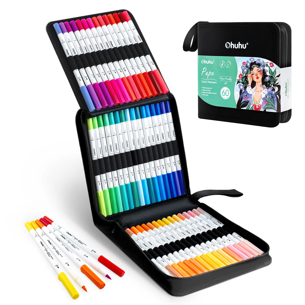 Ohuhu Pupe 60 Colours Paper-Friendly Dual Tip Water Based Art Markers