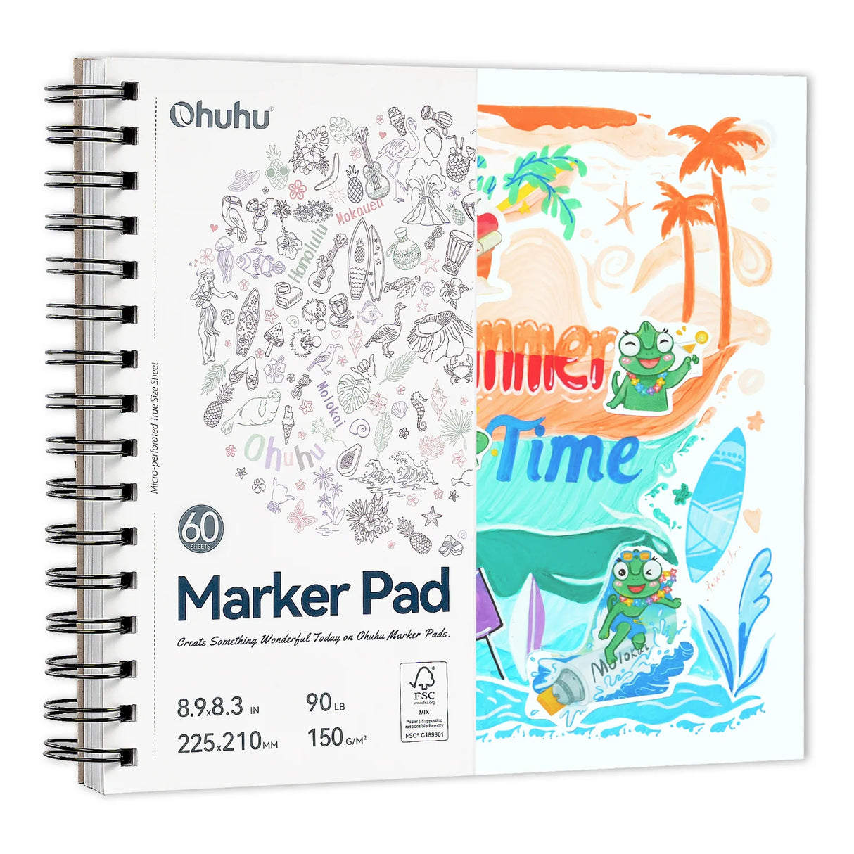 Ohuhu Spiral-Bound Bleedproof Marker Pad, 60 sheets, 225x210mm