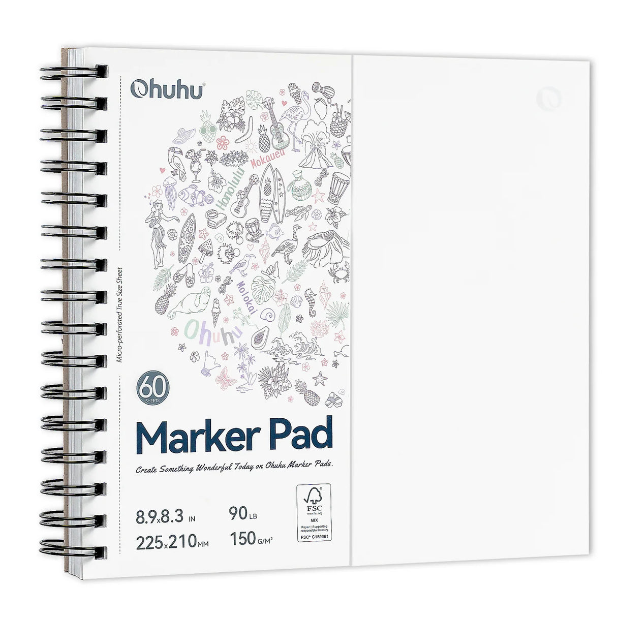 Ohuhu Spiral-Bound Bleedproof Marker Pad, 60 sheets, 225x210mm