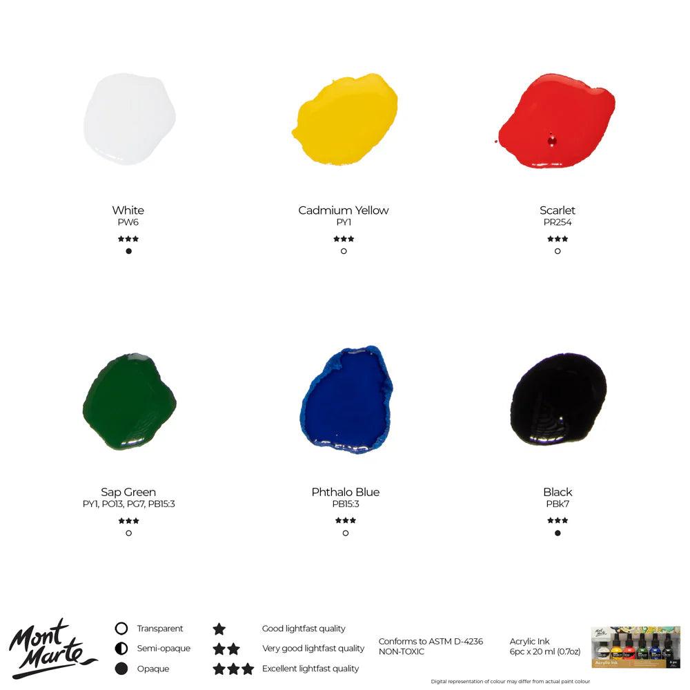 Acrylic Ink Premium 6pc x 20ml - Mont Marte - Glowish