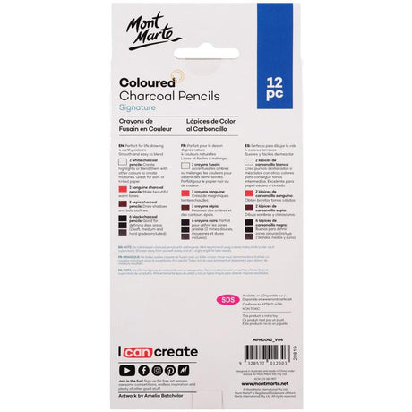 Coloured Charcoal Pencil 12pcs - Mont Marte Glowish Best in Auckland