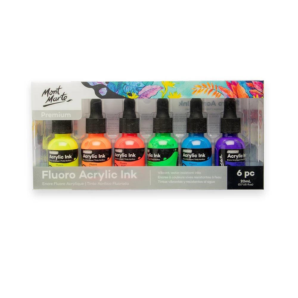 Fluoro Acrylic Ink Premium 6pc x 20ml - Mont Marte - Glowish Art supplies