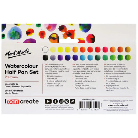 Watercolour Half Pan Set Premium 28pc - Mont Marte Glowish Art Supplies