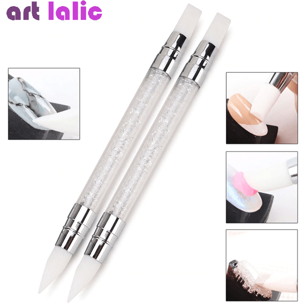 3 Pcs Set 2 Ways Silicone Nail Art Acrylic Pen Brushes Set Blue Rhinestones  Design Sculpture Carving Brush for 3D Effect Shaping Drawing Dotting Tools