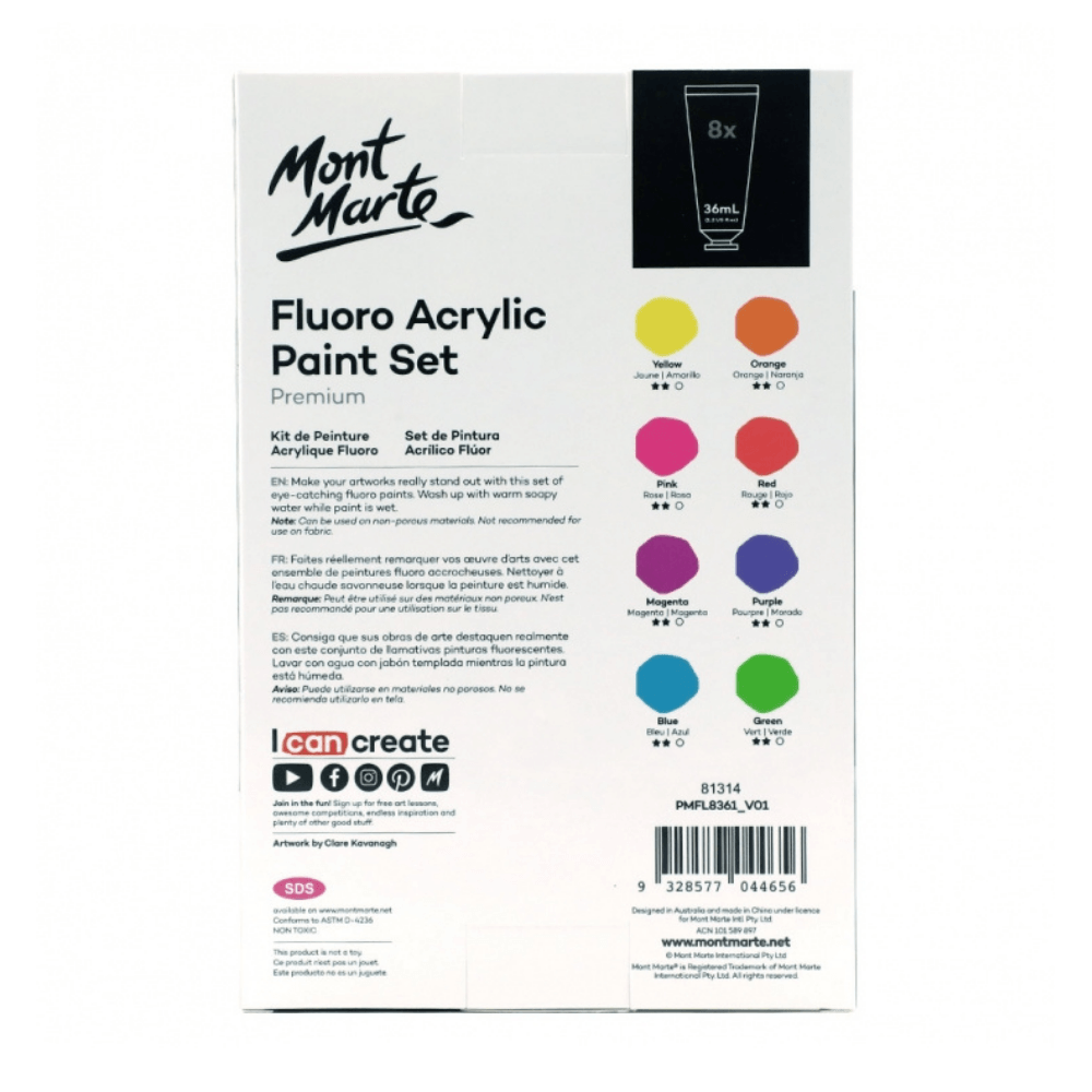 Fluoro Acrylic Paint Set Premium 8 x 36ml (1.2oz) Mont Marte Craft Art Supply - Glowish