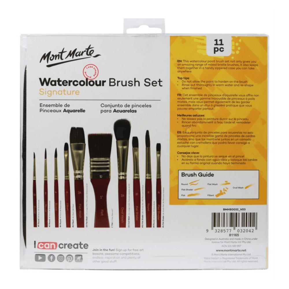 Mixed Bristle Brush Set Wallet 11pce - Watercolour - Glowish