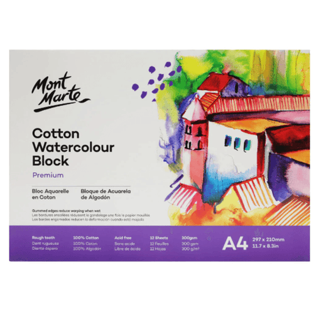 Mont Marte Cotton Watercolour Paper Block Premium 300gsm A4 - 12 Sheets - Glowish